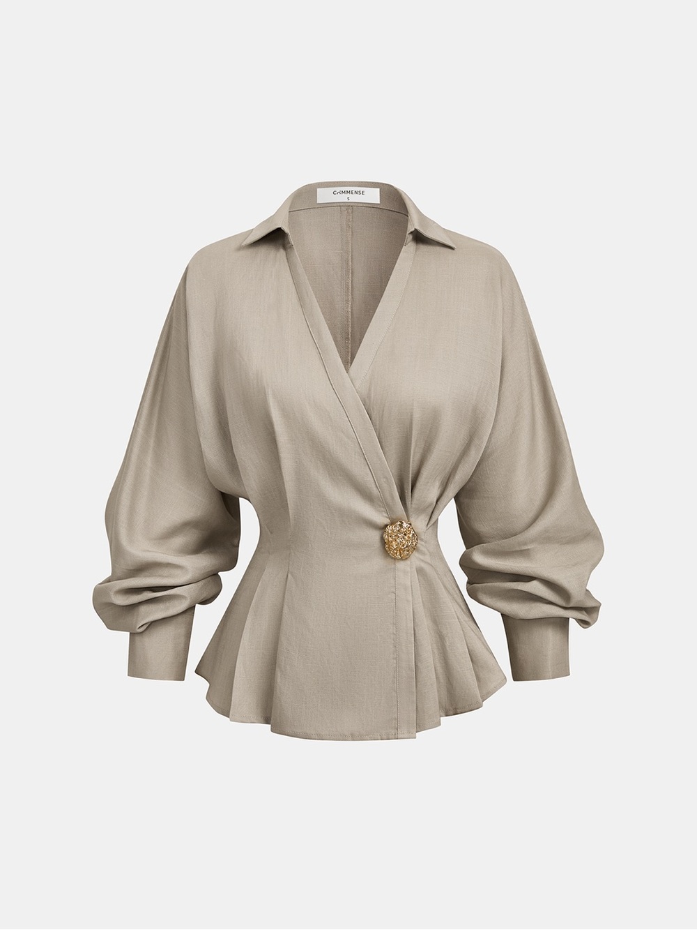 Commense Linen Blend Balloon Sleeve Wrap Blouse
